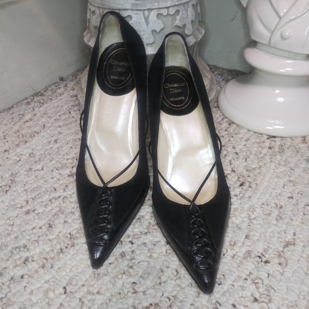 Vintage Christian Dior Sexy Black Corset Lacing Pointed Toe Suede, Leather Pumps - Picture 2 of 8